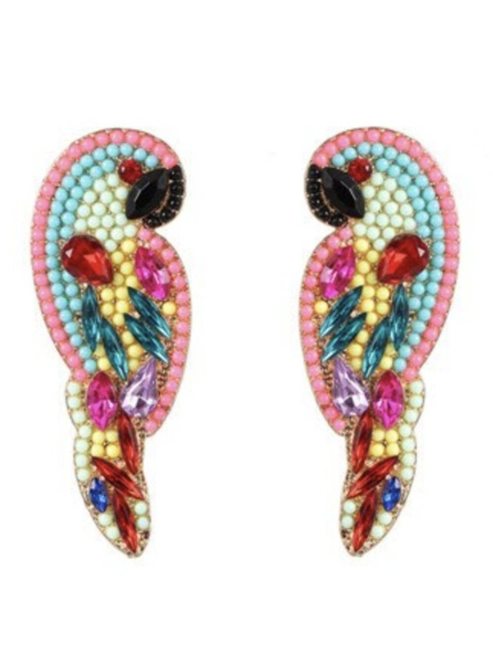 Beaded Parrot Bird Large Blue & Pink Drop Summer Fun Bird Earrings